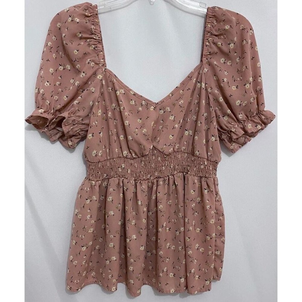 SHEIN Women’s S Dusty Pink Ditsy Floral Peplum Top Puff Sleeve Sweetheart Neck